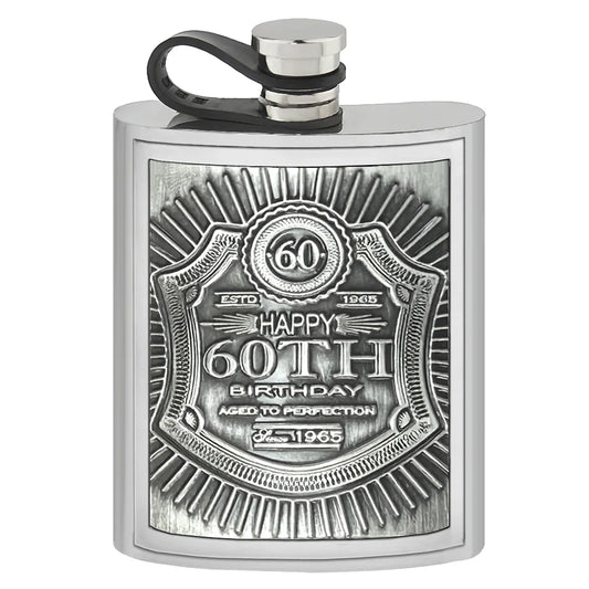 EMB023  6oz Embossed 60th Birthday Badge Pewter Hip Flask