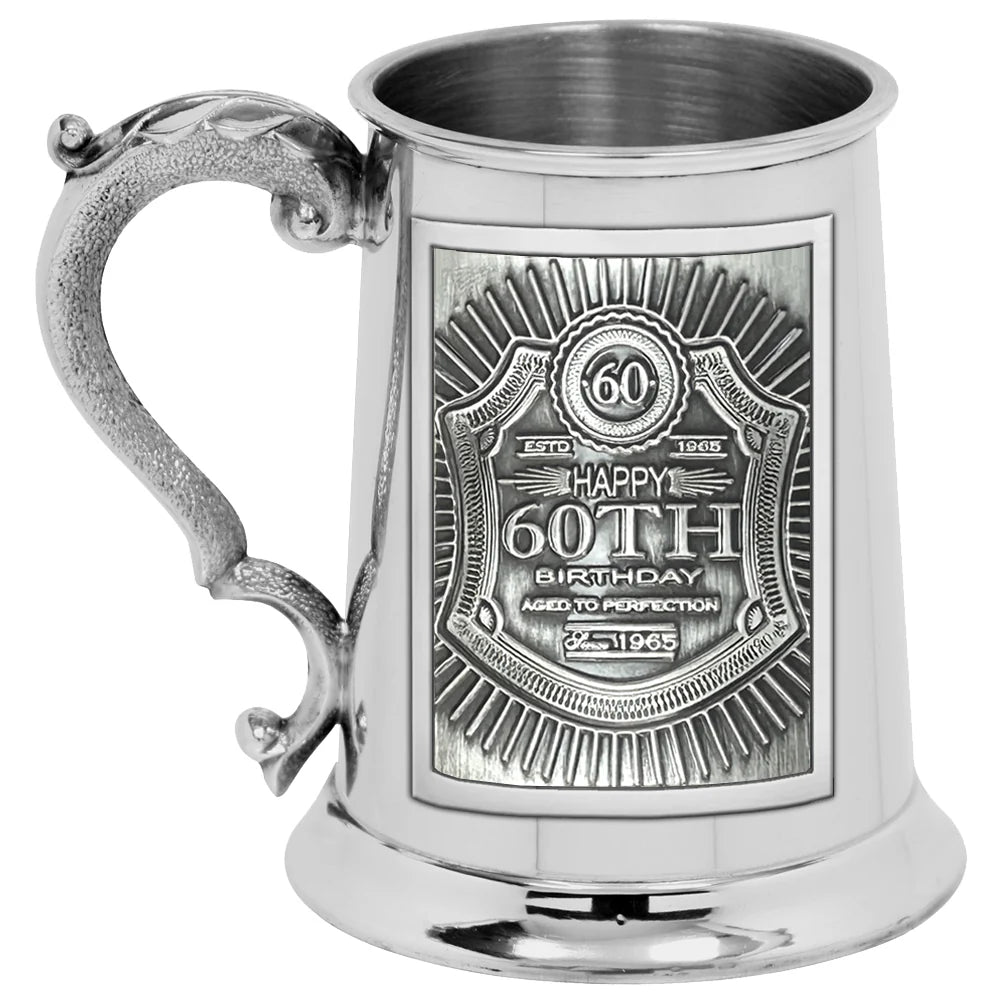 EMB024  1pt Pewter Straight Embossed 60th Birthday Badge Tankard