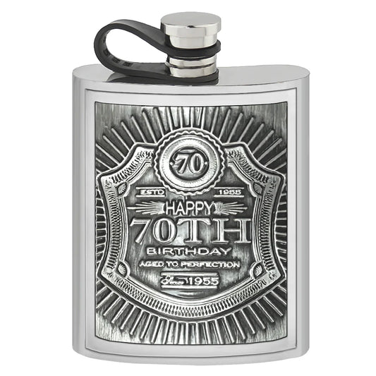 EMB025  6oz Embossed 70th Birthday Badge Pewter Hip Flask
