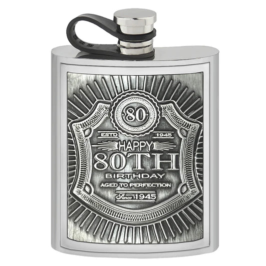 EMB027  6oz Embossed 80th Birthday Badge Pewter Hip Flask