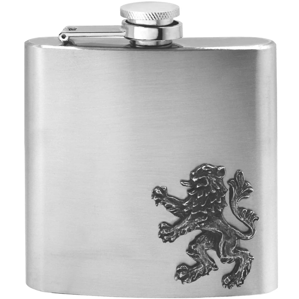 FB240  6oz Stainless Steel Hip Flask With Pewter Scottish Rampant Lion Emblem