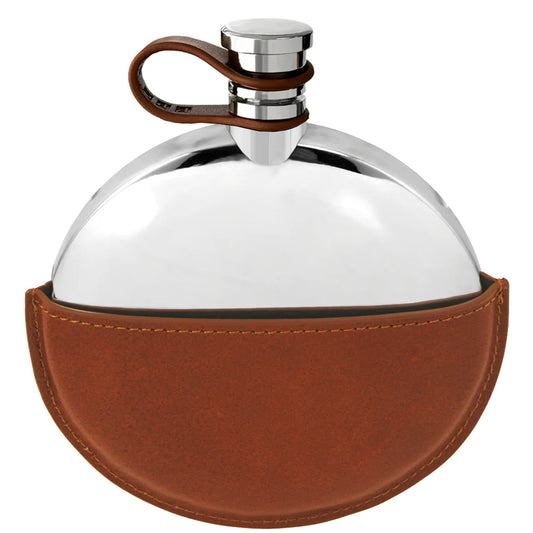 5.5oz Leather Cap Plain Round Ellipse Flask Pewter With Leather Pouch
