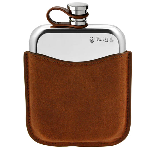 LPLF01  6oz Flexi Cap Pewter Purse Hip Flask with Genuine Tan Leather Pouch