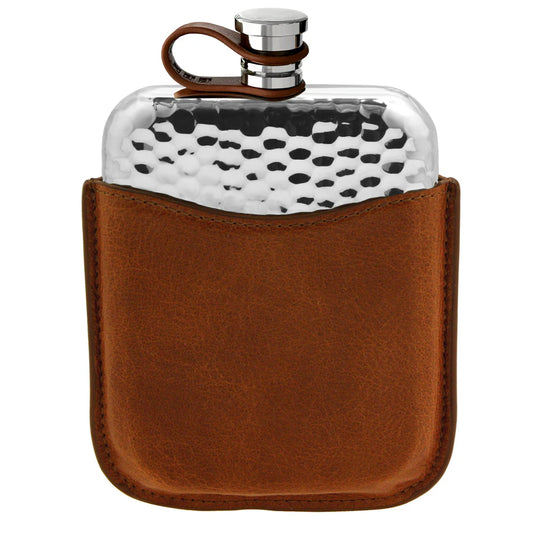 LPLF03  6oz Flexi Cap Pewter Hammered Purse Hip Flask with Genuine Tan Leather Pouch