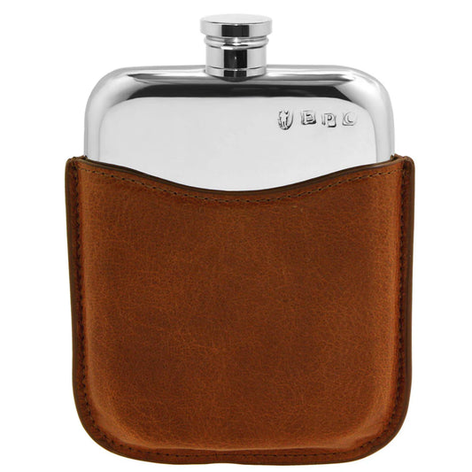 6oz Pewter Hip Flask with Genuine Tan Leather Pouch PLF01