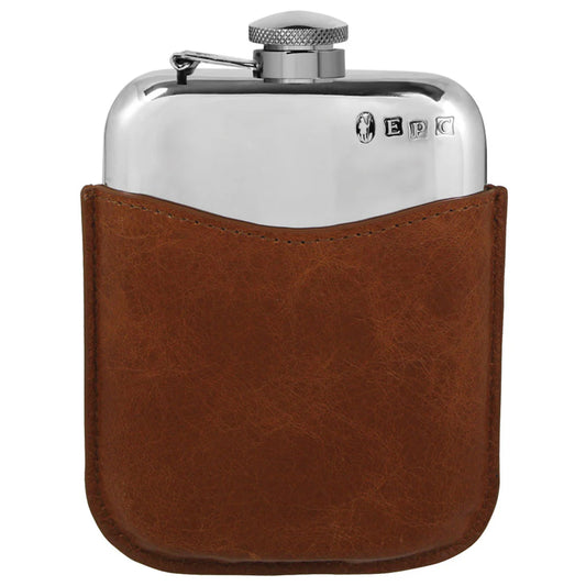 6oz Pewter Hip Flask with Hinged Captive Top & Genuine Tan Leather Pouch PLF02