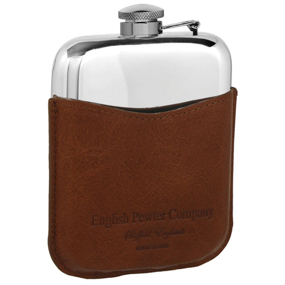 6oz Pewter Hip Flask with Hinged Captive Top & Genuine Tan Leather Pouch PLF02