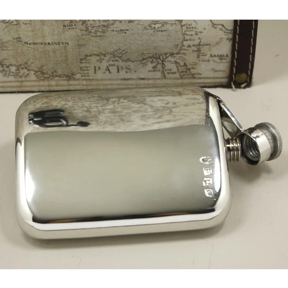 6oz Pewter Hip Flask with Hinged Captive Top & Genuine Tan Leather Pouch PLF02