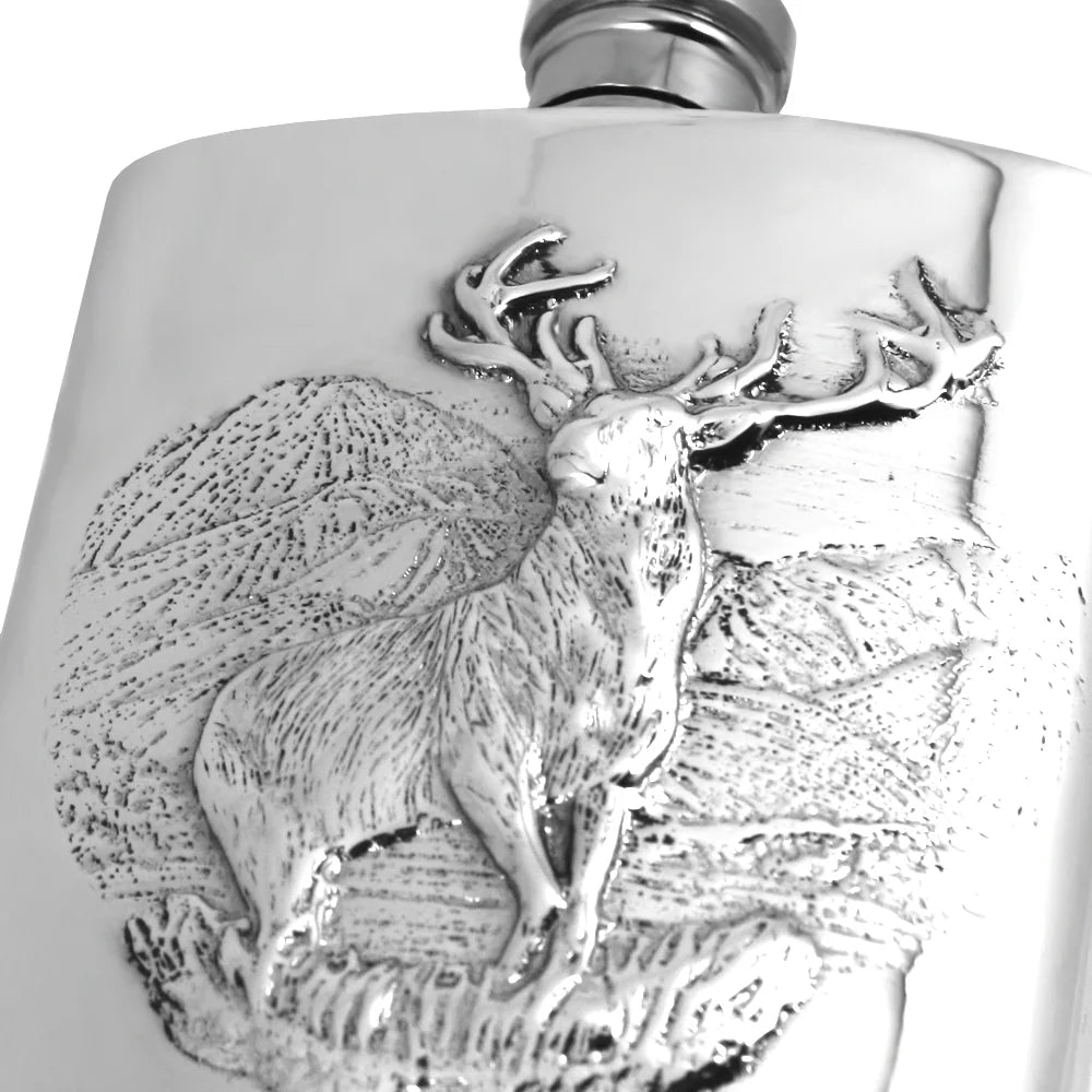 6oz Pewter Hip Flask with Embossed Highland Stag Design SF290