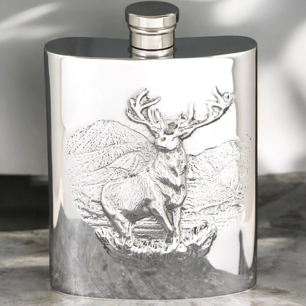 6oz Pewter Hip Flask with Embossed Highland Stag Design SF290