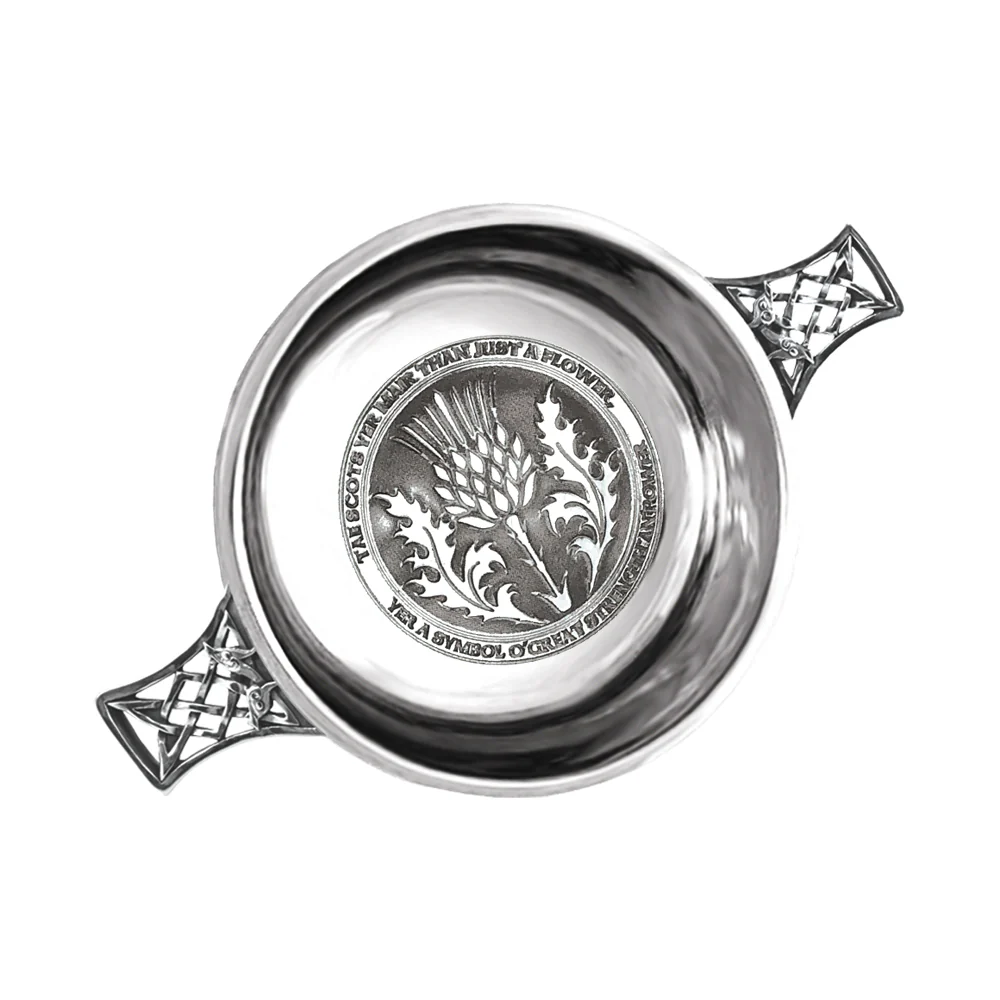 SG504  3.5 Inch Celtic Knot Handle Pewter Quaich Bowl with Tae A Thistle Design