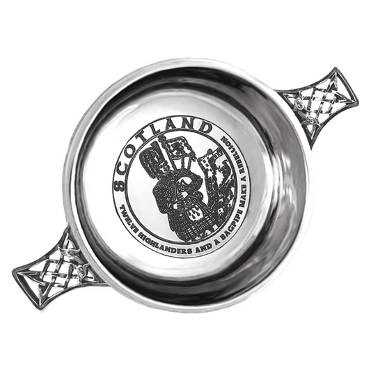 SG514  3.5 Inch Celtic Knot Handle Pewter Quaich Bowl with Highland Piper Design