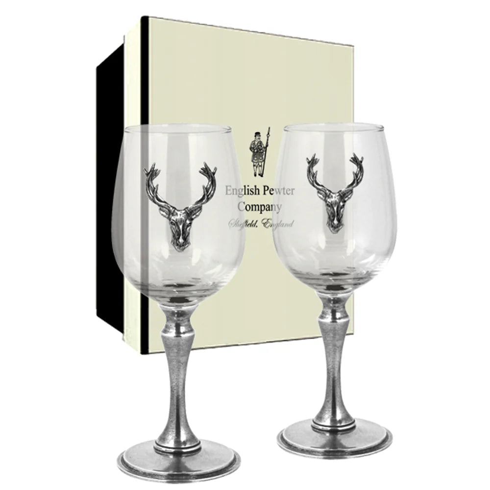 STAG107  Luxury Pewter Stag Head Wine Glasses Set With Solid Pewter Stem - Pair