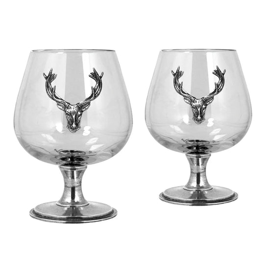STAG111  Double Brandy Cognac Snifter Glass Set With Pewter Stag