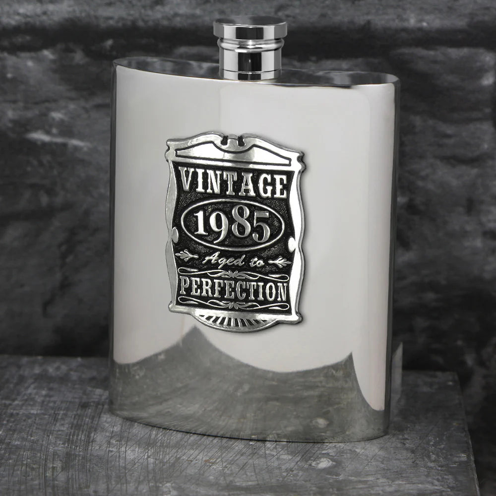 VIN018  40th Birthday or Anniversary Gift 1985 Vintage Years Pewter Hip Flask