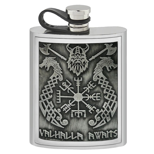 VK001  6oz Embossed Flask Valhalla Pewter Badge