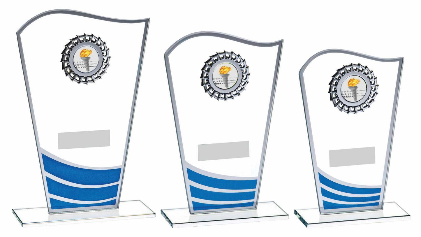Glass Award with Blue Waves and Silver Trim