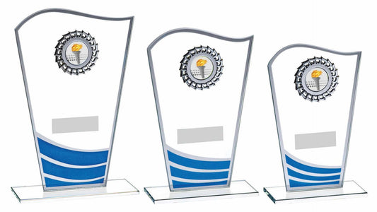 Glass Award with Blue Waves and Silver Trim