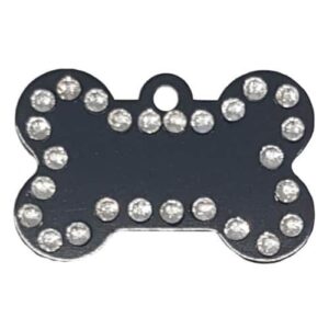 Black 38mm Diamante Bone Shaped Dog Tag Includes Engraving