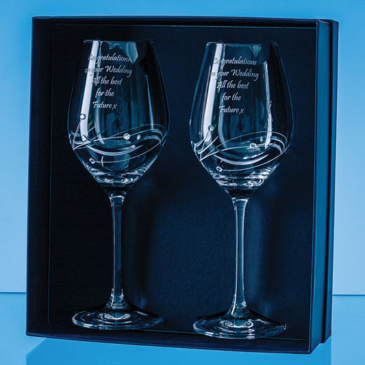 SL139 2 Diamante Wine Glasses with Elegance Spiral Cutting in an attractive Gift Box (This Item Includes Engraving)
