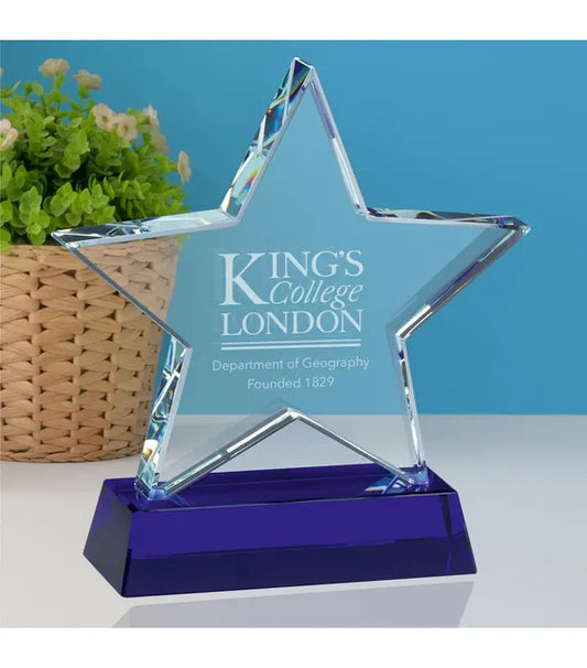 KM088A Chunky Jade Glass Star Award On A Sapphire Blue Base