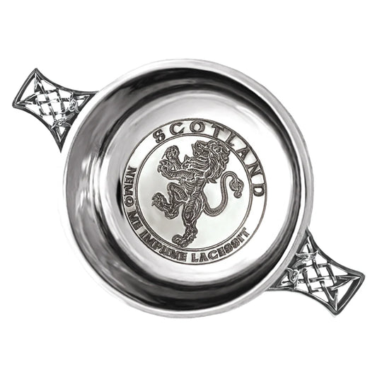 SG509  3.5 Inch Celtic Knot Handle Pewter Quaich Bowl with Rampant Lion Design