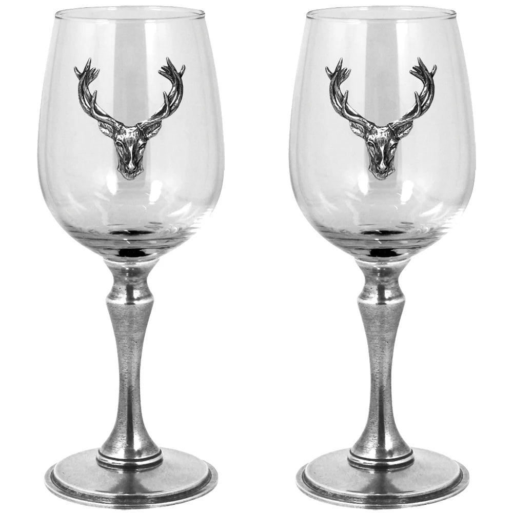 STAG107  Luxury Pewter Stag Head Wine Glasses Set With Solid Pewter Stem - Pair