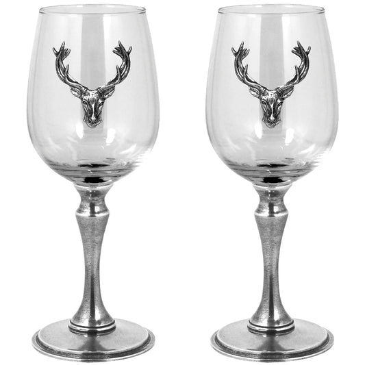 STAG107  Luxury Pewter Stag Head Wine Glasses Set With Solid Pewter Stem - Pair